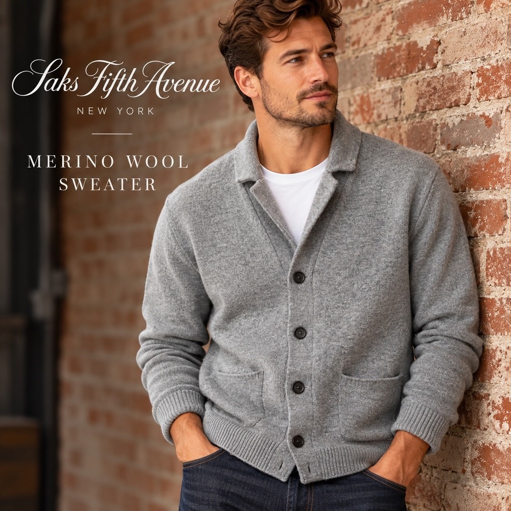 Saks Fifth Avenue Men Extrafine Merino Wool Cardigan Sweater Light Grey XXL NEW